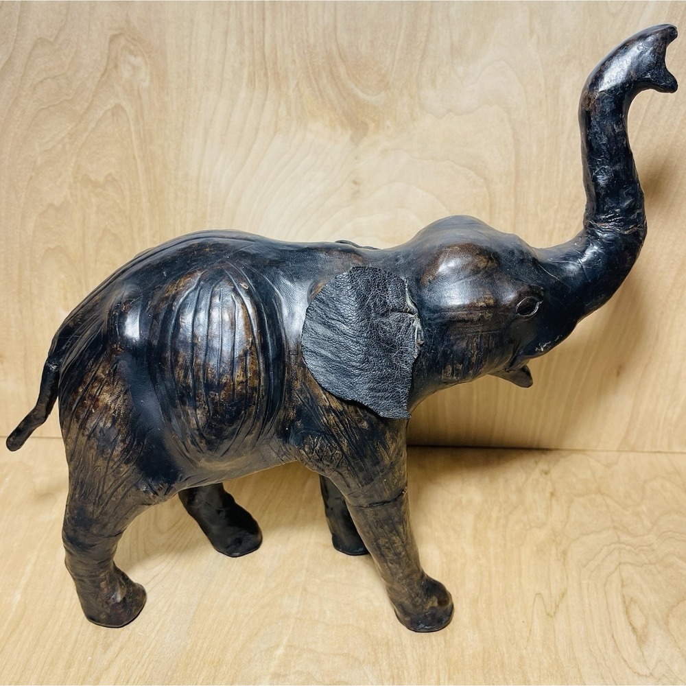 Vintage Leather Wrapped Elephant Dark Brown Lucky Trunk Up 13 Inch Tall
